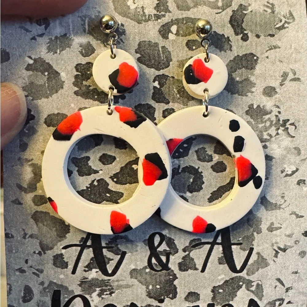 Abstract White and Red Circle Earrings